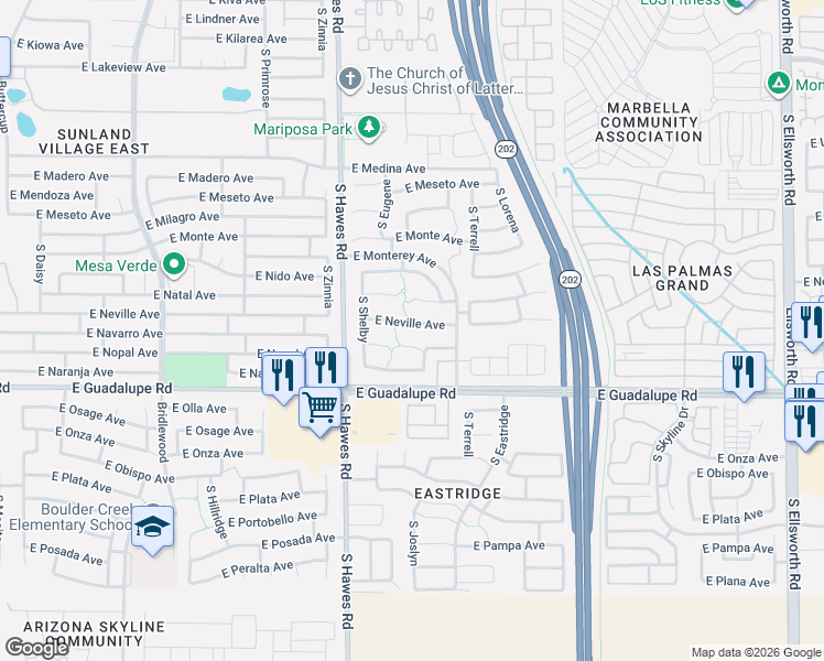 map of restaurants, bars, coffee shops, grocery stores, and more near 8509 East Navarro Circle in Mesa