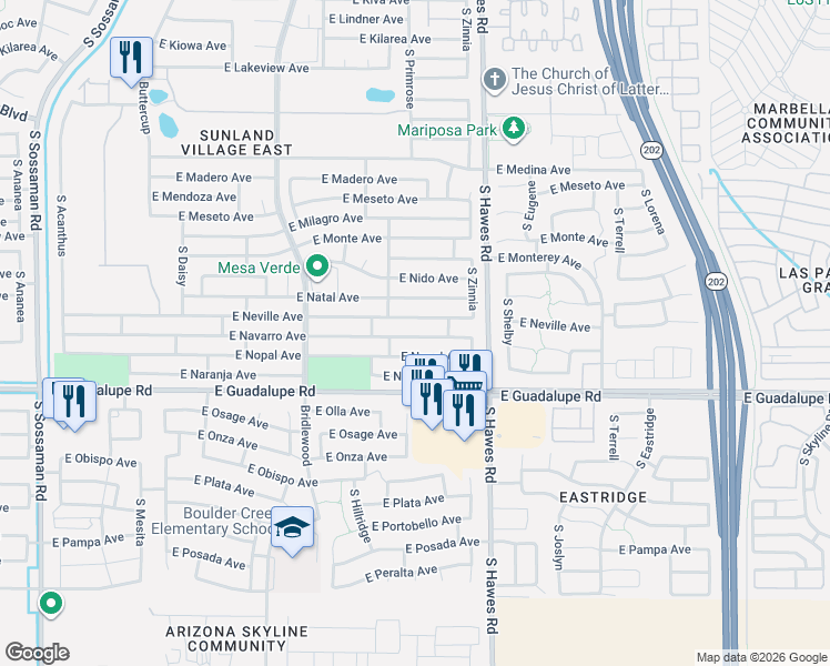 map of restaurants, bars, coffee shops, grocery stores, and more near 8260 East Nopal Avenue in Mesa