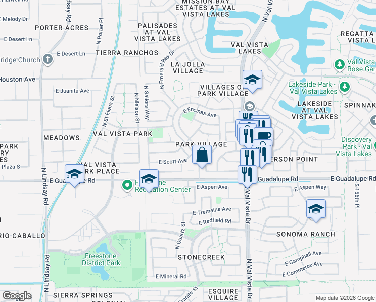 map of restaurants, bars, coffee shops, grocery stores, and more near 849 North Quartz Street in Gilbert
