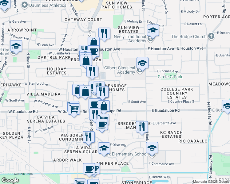 map of restaurants, bars, coffee shops, grocery stores, and more near 326 East Guadalupe Road in Gilbert