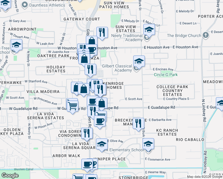 map of restaurants, bars, coffee shops, grocery stores, and more near 326 East Guadalupe Road in Gilbert
