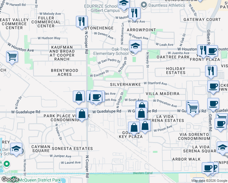 map of restaurants, bars, coffee shops, grocery stores, and more near 660 West Scott Avenue in Gilbert