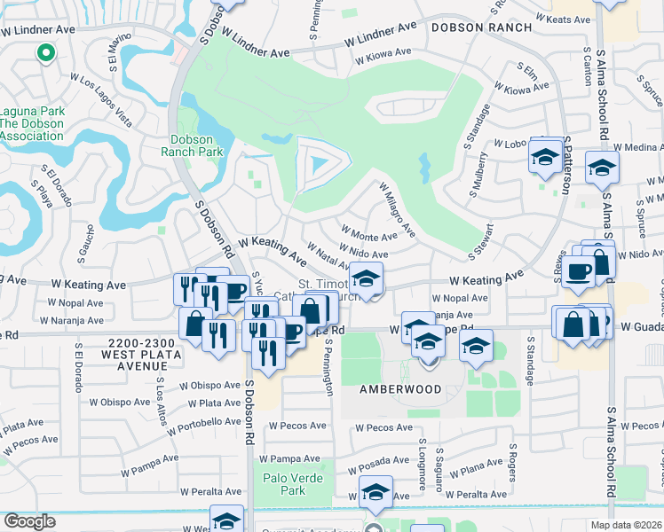 map of restaurants, bars, coffee shops, grocery stores, and more near 1815 West Keating Avenue in Mesa