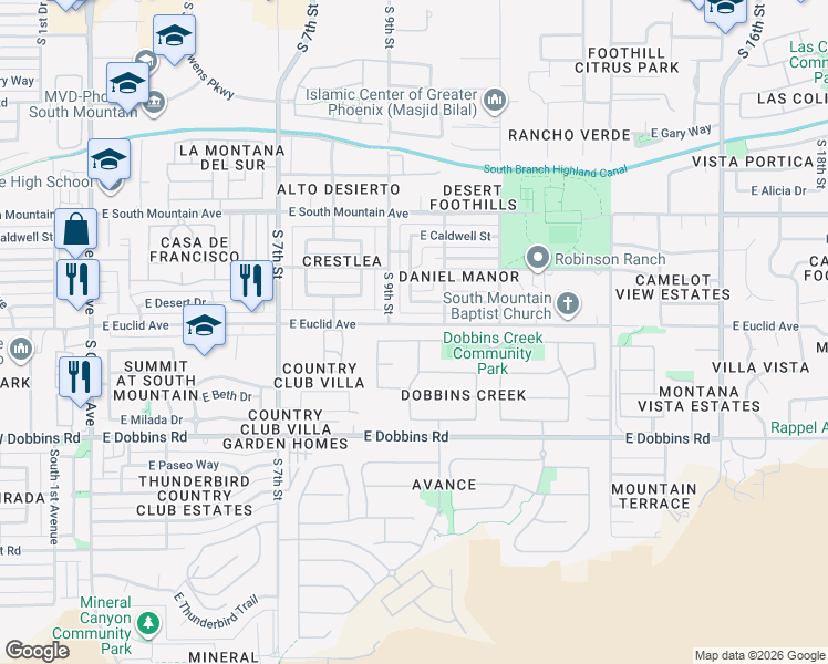map of restaurants, bars, coffee shops, grocery stores, and more near 8813 South 10th Street in Phoenix