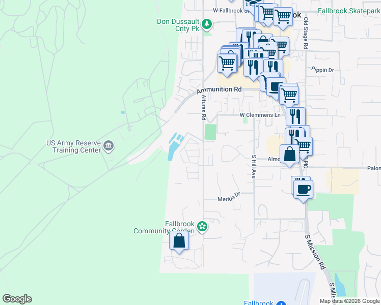 map of restaurants, bars, coffee shops, grocery stores, and more near 1455 Alturas Road in Fallbrook