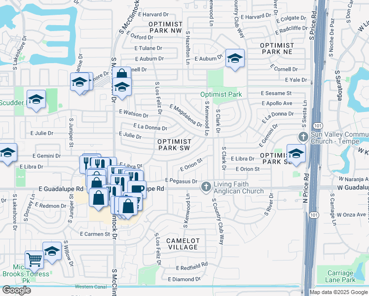 map of restaurants, bars, coffee shops, grocery stores, and more near 1919 East Libra Drive in Tempe