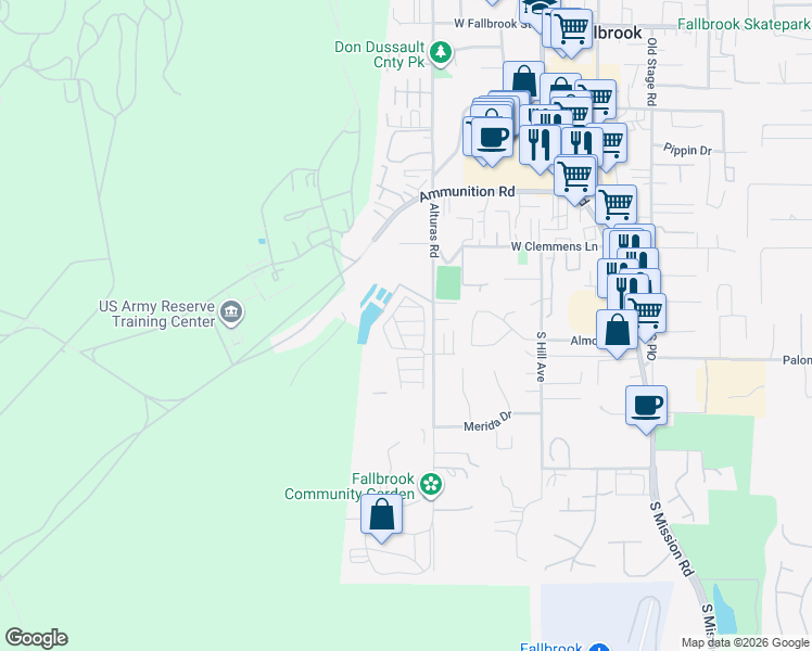 map of restaurants, bars, coffee shops, grocery stores, and more near 1455 Alturas Street in Fallbrook