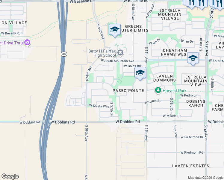 map of restaurants, bars, coffee shops, grocery stores, and more near 8820 South 56th Glen in Phoenix