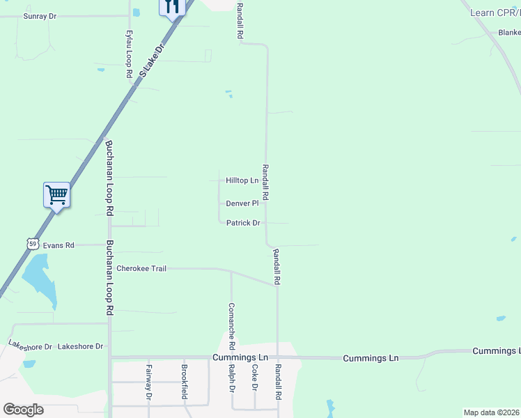 map of restaurants, bars, coffee shops, grocery stores, and more near 1035 County Road 1321 in Texarkana