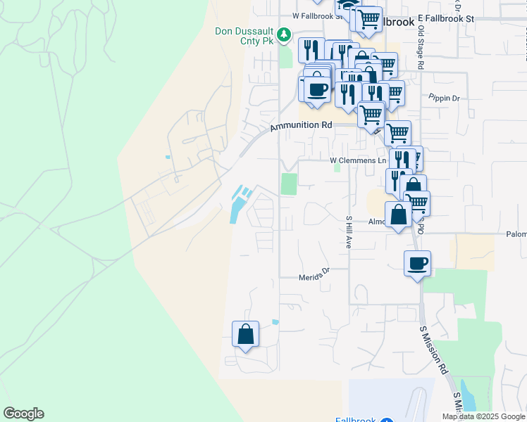 map of restaurants, bars, coffee shops, grocery stores, and more near 1455 Alturas Street in Fallbrook