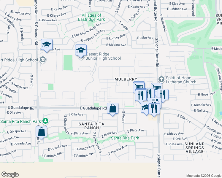 map of restaurants, bars, coffee shops, grocery stores, and more near 10510 East Neville Avenue in Mesa