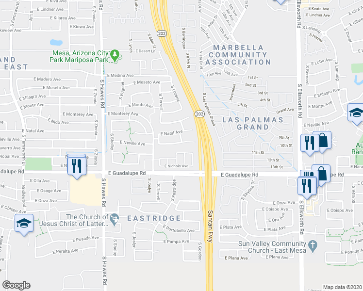 map of restaurants, bars, coffee shops, grocery stores, and more near 8705 East Nopal Avenue in Mesa