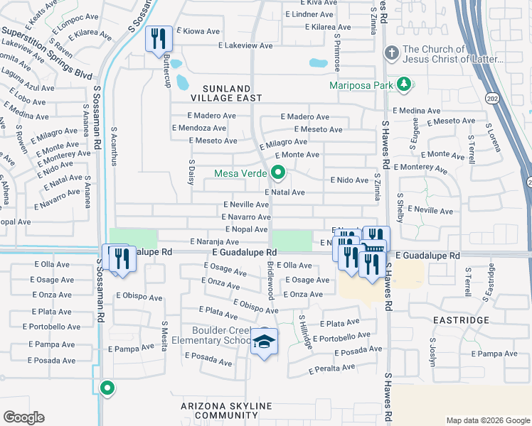 map of restaurants, bars, coffee shops, grocery stores, and more near 8022 E Neville Ave in Mesa