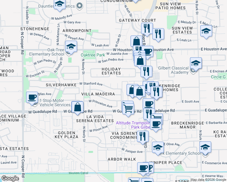 map of restaurants, bars, coffee shops, grocery stores, and more near 928 North Birch Street in Gilbert