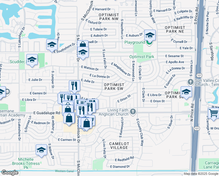 map of restaurants, bars, coffee shops, grocery stores, and more near in Tempe