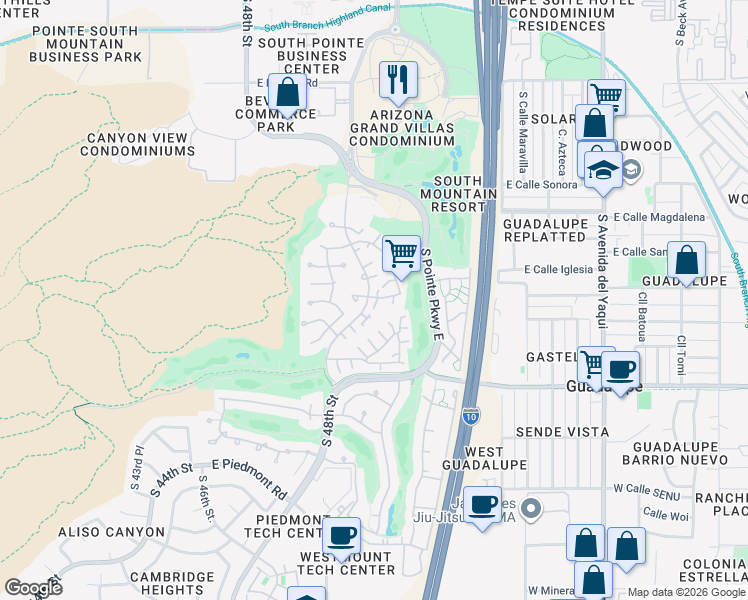 map of restaurants, bars, coffee shops, grocery stores, and more near 8646 South 48th Street in Phoenix