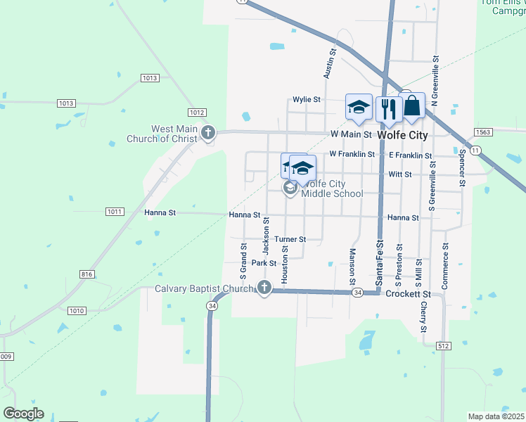 map of restaurants, bars, coffee shops, grocery stores, and more near 746 Hanna Street in Wolfe City