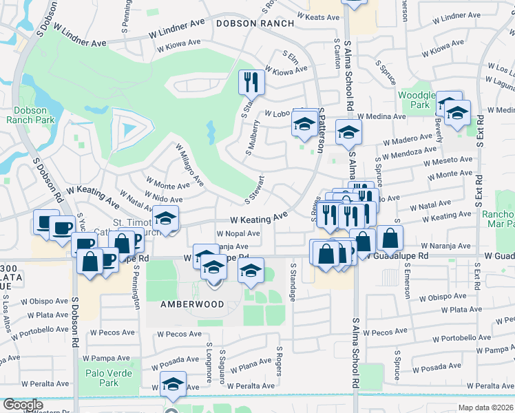 map of restaurants, bars, coffee shops, grocery stores, and more near 2615 South Stewart in Mesa