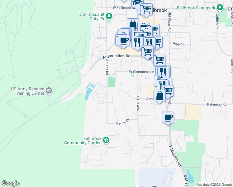 map of restaurants, bars, coffee shops, grocery stores, and more near 531 Poets Square in Fallbrook