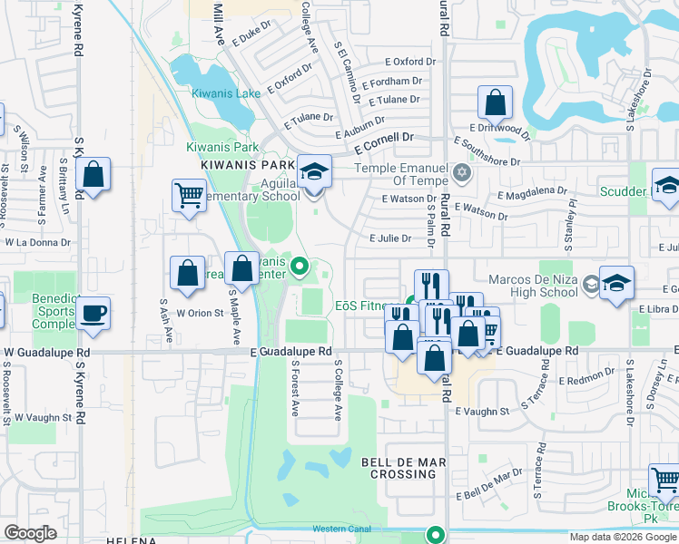 map of restaurants, bars, coffee shops, grocery stores, and more near 6116 South College Avenue in Tempe