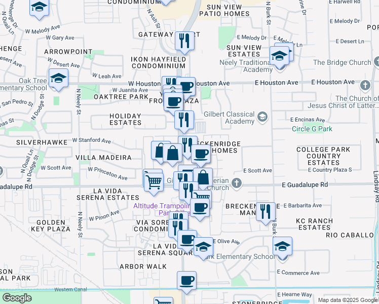 map of restaurants, bars, coffee shops, grocery stores, and more near 979 North Gilbert Road in Gilbert
