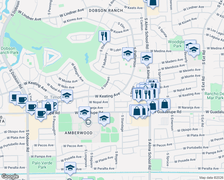 map of restaurants, bars, coffee shops, grocery stores, and more near 2607 South Brooks in Mesa