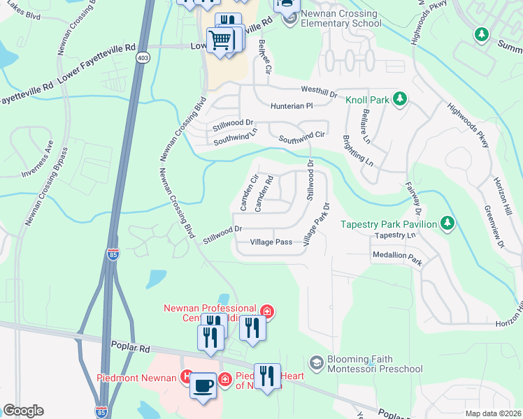 map of restaurants, bars, coffee shops, grocery stores, and more near 23 Camden Way in Newnan