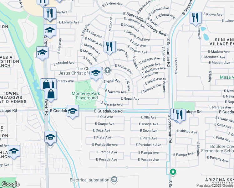map of restaurants, bars, coffee shops, grocery stores, and more near 2649 South Terripin Circle in Mesa