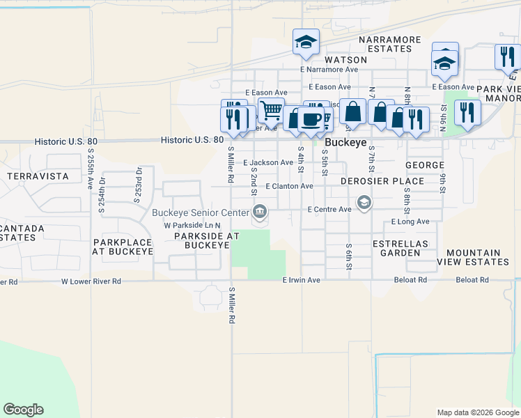 map of restaurants, bars, coffee shops, grocery stores, and more near 208 East Centre Avenue in Buckeye