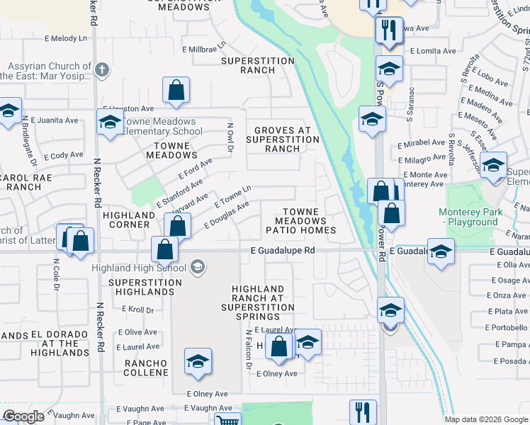 map of restaurants, bars, coffee shops, grocery stores, and more near 4455 East Douglas Avenue in Gilbert