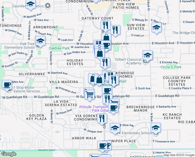 map of restaurants, bars, coffee shops, grocery stores, and more near 960 North Gilbert Road in Gilbert