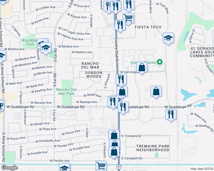 map of restaurants, bars, coffee shops, grocery stores, and more near 434 West Nido Circle in Mesa