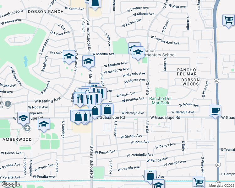 map of restaurants, bars, coffee shops, grocery stores, and more near 951 West Nido Avenue in Mesa