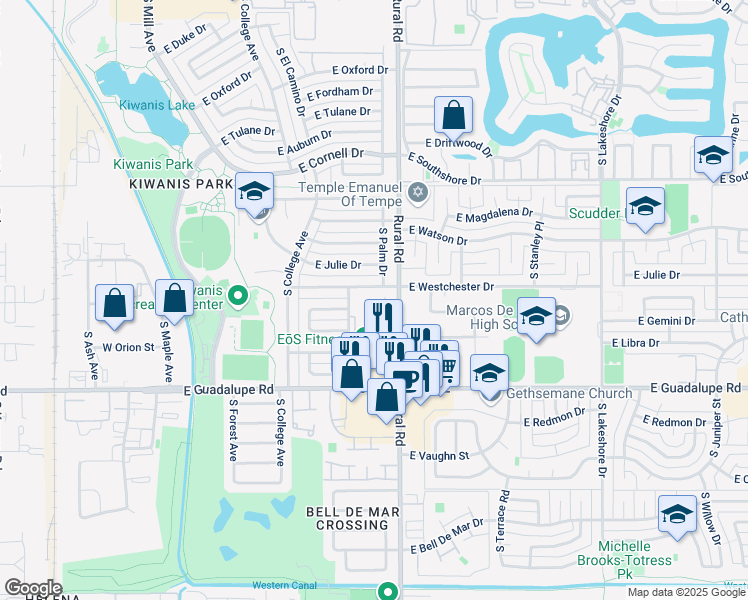 map of restaurants, bars, coffee shops, grocery stores, and more near 620 East Westchester Drive in Tempe