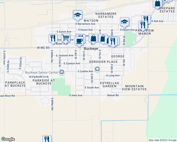 map of restaurants, bars, coffee shops, grocery stores, and more near 513 East Clanton Avenue in Buckeye