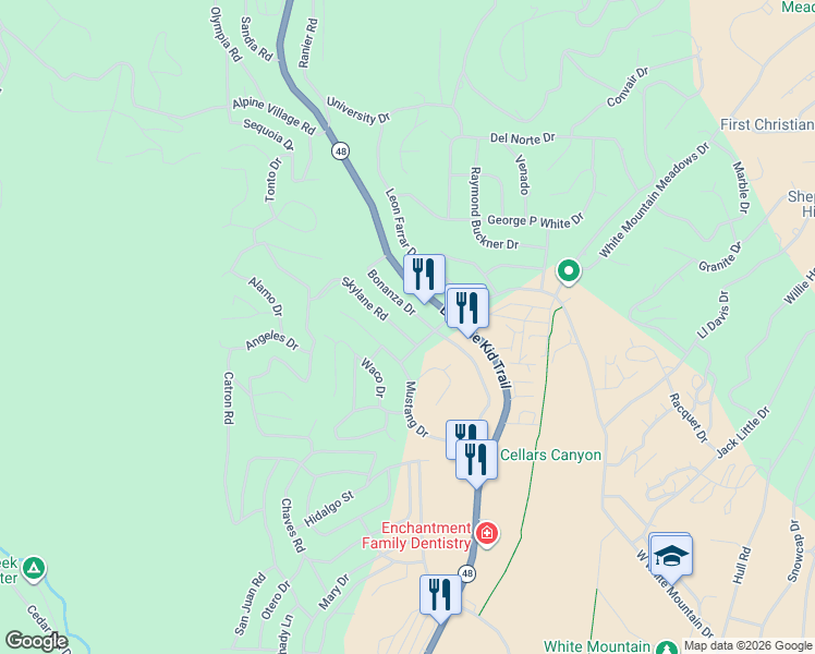 map of restaurants, bars, coffee shops, grocery stores, and more near 207 Bonanza Drive in Ruidoso