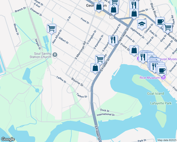 map of restaurants, bars, coffee shops, grocery stores, and more near 1515 Butts Street in Georgetown