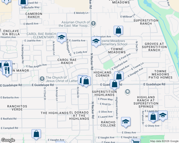 map of restaurants, bars, coffee shops, grocery stores, and more near 911 North Joshua Tree Lane in Gilbert