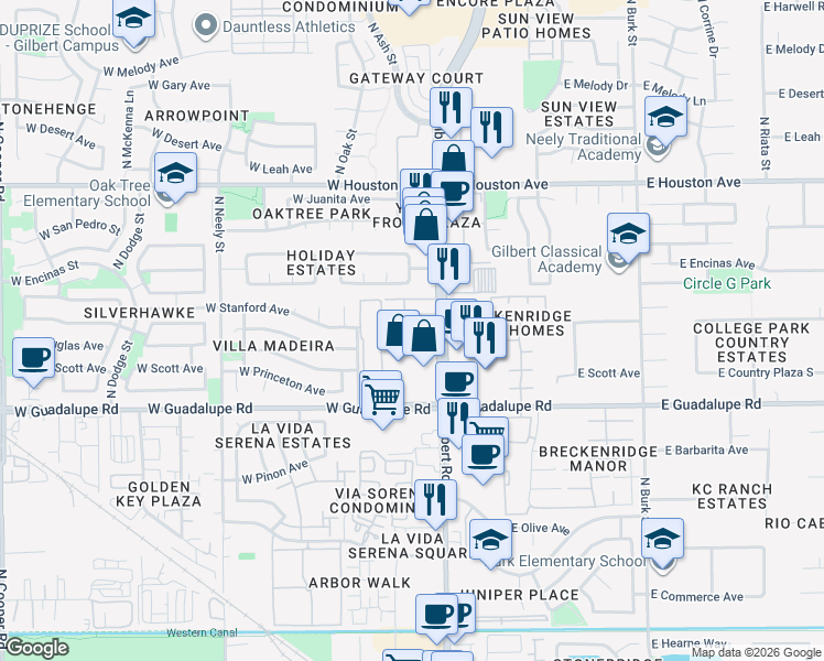 map of restaurants, bars, coffee shops, grocery stores, and more near 950 North Gilbert Road in Gilbert