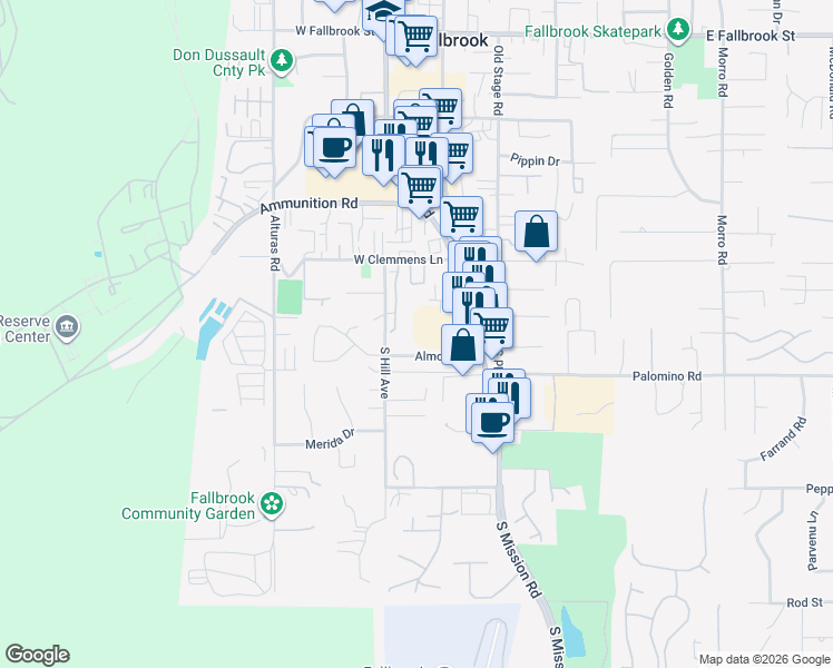 map of restaurants, bars, coffee shops, grocery stores, and more near 1433 South Mission Road in Fallbrook