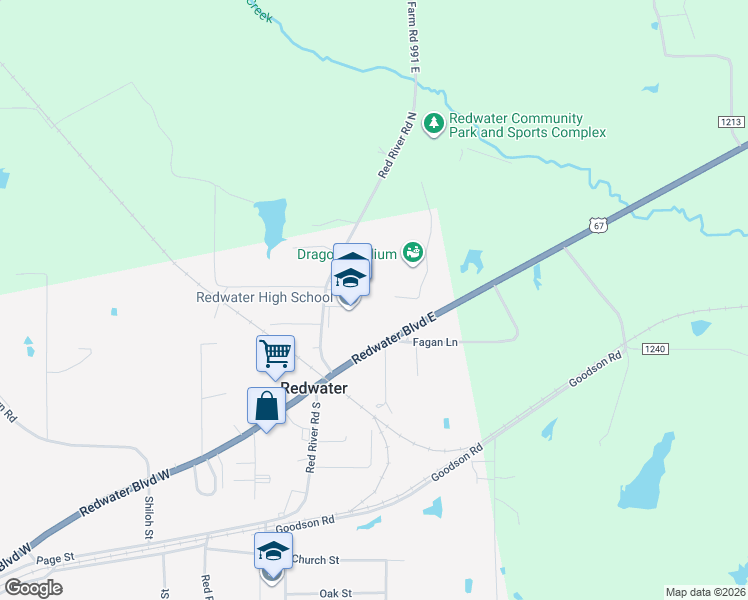 map of restaurants, bars, coffee shops, grocery stores, and more near 120 Red River Road North in Texarkana