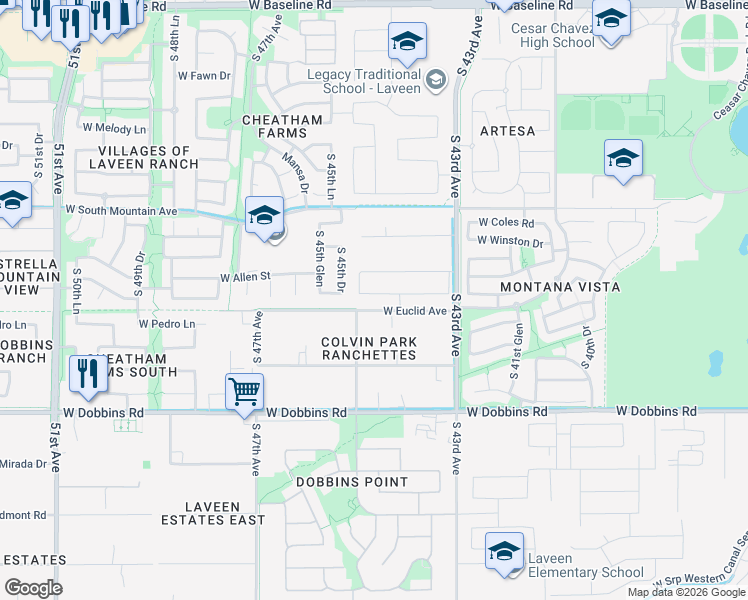 map of restaurants, bars, coffee shops, grocery stores, and more near 4435 West Euclid Avenue in Maricopa County