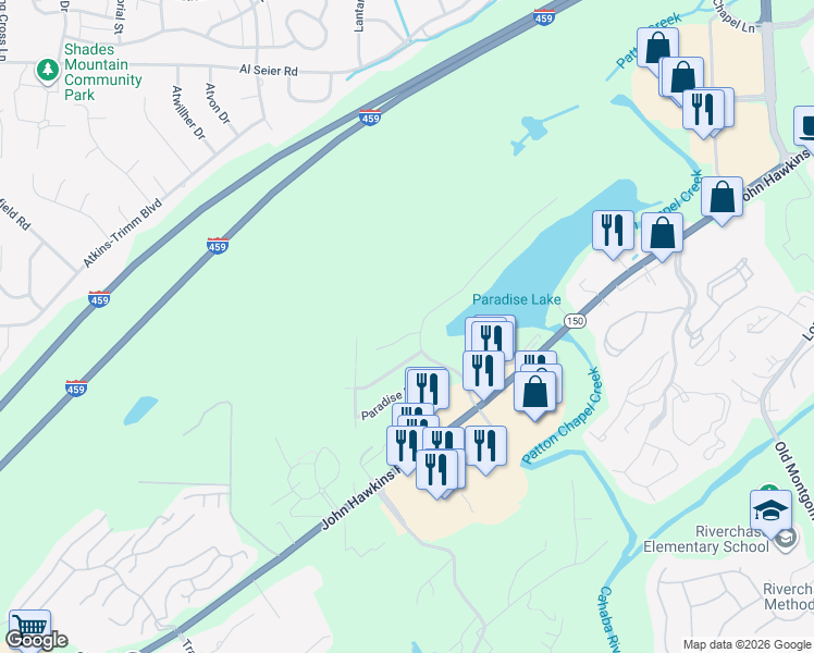 map of restaurants, bars, coffee shops, grocery stores, and more near 3083 Paradise Parkway in Hoover