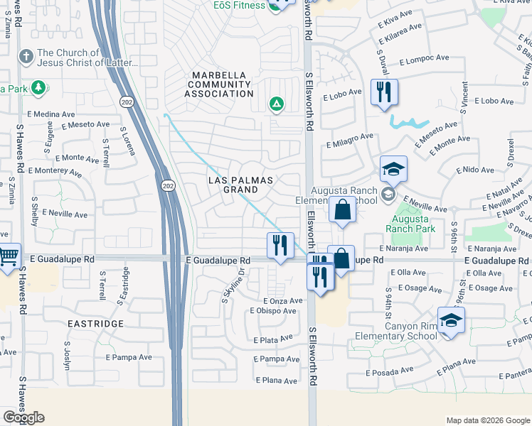 map of restaurants, bars, coffee shops, grocery stores, and more near Palm Cir in Mesa