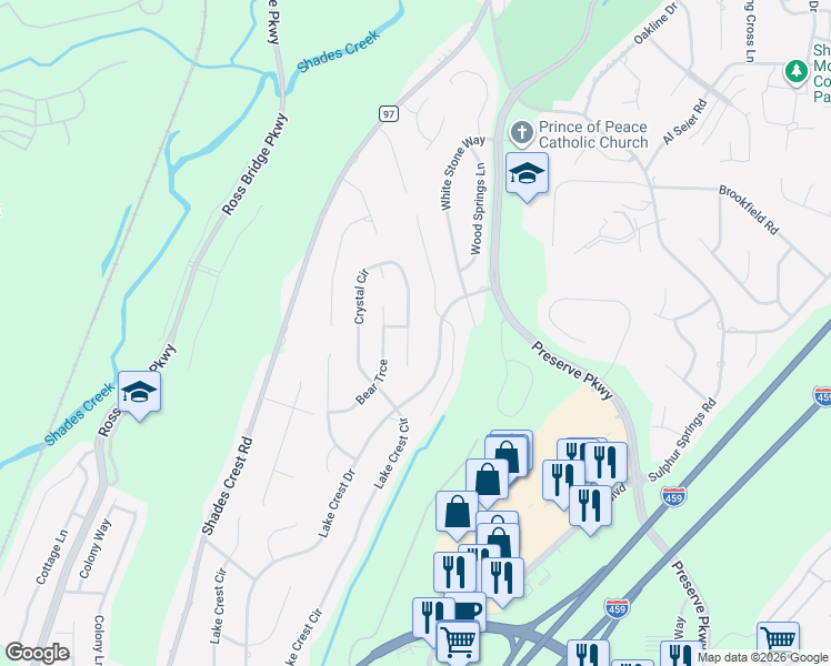 map of restaurants, bars, coffee shops, grocery stores, and more near 856 Lake Crest Drive in Hoover