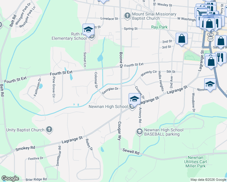 map of restaurants, bars, coffee shops, grocery stores, and more near 3 Georgian Drive in Newnan