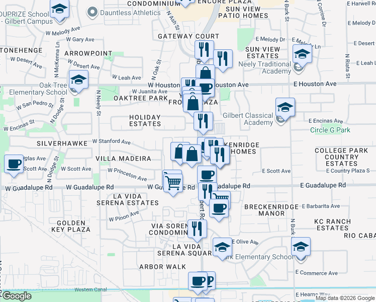 map of restaurants, bars, coffee shops, grocery stores, and more near 960 North Gilbert Road in Gilbert