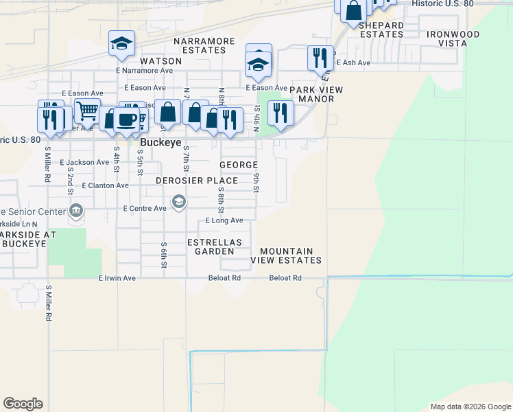 map of restaurants, bars, coffee shops, grocery stores, and more near 822 9th Street South in Buckeye