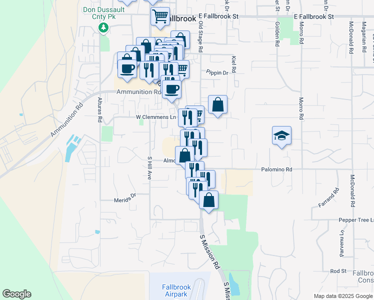 map of restaurants, bars, coffee shops, grocery stores, and more near 1425 South Mission Road in Fallbrook