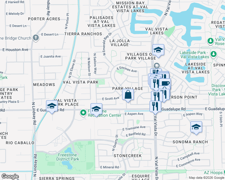map of restaurants, bars, coffee shops, grocery stores, and more near 1320 East Harvard Avenue in Gilbert